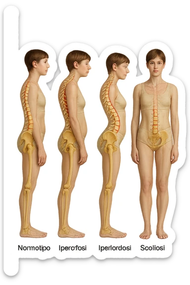 fai un immagine identica che riguarda 3 posture scorrette: scoliosi, ipercifosi e iperlordosi. falla iperrealistica anatomica in 4k con spina dorsale storta in evidenza su ogni figura sticker