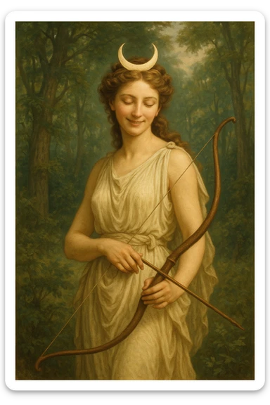 Happy Diana, the goddess of the hunt, smiling, holding a bow, with a crescent moon crown, in a natural setting, elegant and mythological sticker