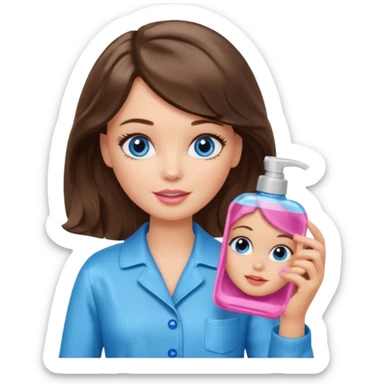 Barbie girl with makeup, blue eyes , and bob long haircut wavy, short brown hair in brown pajamas, face gel in hand sticker