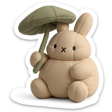 chubby bunny holding a mushroom umbrella, pastel beige and moss green, cushion style sticker