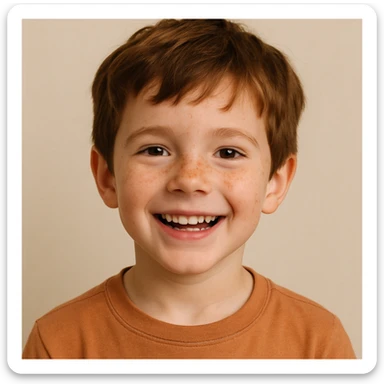young boy with brown hair and freckles, cheerful, plain background sticker