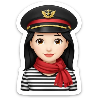 marinera de pelo negro piel blanca con camisa a rayas blanco y negro y pañuelo rojo y gorra de capitana y sonrisa tierna sticker