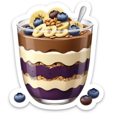 Açai bowl in a clear cup with layers of biscof , nutlella, granola, condensed milk and banana sliced and blueberrys on top sticker