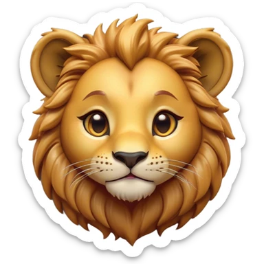 Cinematic Cute Lion Cub Portrait Emoji, Head tilted playfully and inquisitively, featuring a glossy tawny Fur with a lush mane and round, sparkling amber eyes filled with curious mischief, Simplified yet irresistibly adorable features, highly detailed, glowing with a warm, friendly glow, high shine, affectionate and spirited, stylized with a touch of jungle whimsy, bright and endearing, soft glowing outline, capturing the essence of a mischievous yet loving Lion Cub, so playful it feels like it could pounce out of the screen and into your arms! sticker