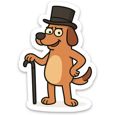 dog with a tophat, flat toon style, holding a cane sticker