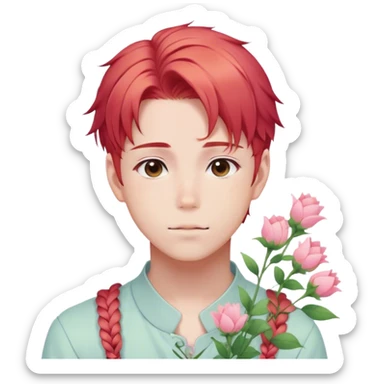 Gorgeous pastel red hair with a thin braid on the side anime style shojo guy with blushing face and flowers aesthetic trending style outside sticker