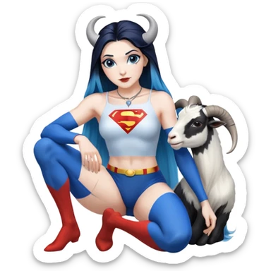 Art of a human white woman's very perfect body scheme anatomy-very long straight black to blue hair ombre-small goat horns-lean back-on knees-superman necklace sticker