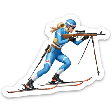 An icon featuring snow-covered trees, distant mountains, and a clear blue sky with a biathlete in motion, holding a rifle and skiing across a snowy course. Transparent background highlights the precision, endurance, and excitement of biathlon. sticker