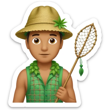Hawaiian man with leaf hat green and fishing net sticker