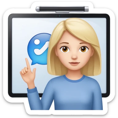 Make an emoji of a girl (no glasses) who is teaching how to use iMessage on a board sticker