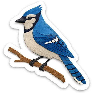 very detailed blue jay perched on a tree branch, intricate cut paper textures, vibrant blue and white feathers sticker