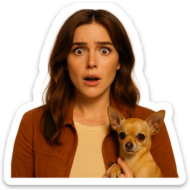 Centered portrait for Instagram profile picture inspired by the facial features visible in the reference images. Tanned complexion with subtle freckles, wearing a shirt colored #FFF8CA and a rust-colored jacket. Medium-length brown hair with auburn highlights. Expression is shocked and amused. Holding a beige-brown chihuahua. Style inspired by a Netflix series, intimate Tenerife ambiance, transparent background. sticker