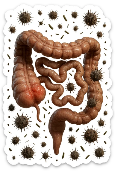 intestino anatomico realistico con red spot di infiammazione CON VARIE PARTICELLE TOSSICHE CHE CERCANO DI ATTACCARLO, IPERREALISTICO 4K sticker