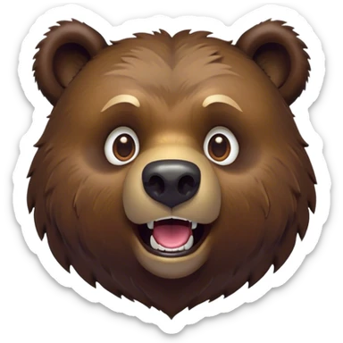 Cinematic Comical Grizzly Bear Portrait Emoji, Head tilted dramatically with an exaggeratedly amused expression, featuring a striking, rugged deep brown fur with bold fur texture, wide, expressive eyes filled with playful disbelief, Simplified yet hilariously expressive features, highly detailed, glowing with a slightly sassy glow, high shine, dramatic yet playful, stylized with an air of cheeky wilderness mischief, bright and endearing, soft glowing outline, capturing the essence of a spirited and over-the-top grizzly, so meme-worthy it feels like it could roar its way into internet fame instantly! sticker