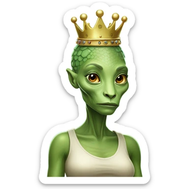 Pregnant reptilian alien woman, full body, have a crown sticker