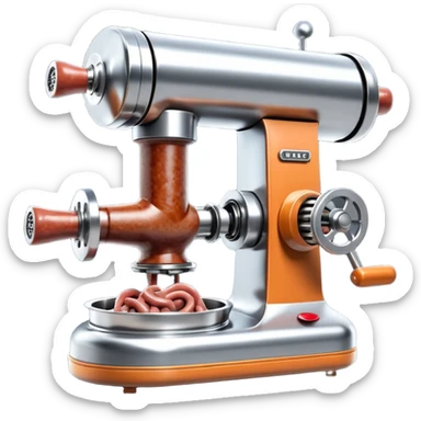 sausage-processing droid. retro-futuristic style. top is a circular industrial meat grinder with rotating gears and blades. Two robotic arms feed material into grinder. Sausage links extrude from the rear like  factory. The body is metallic, compact, and floats above the ground.no legs. Dark humor sticker