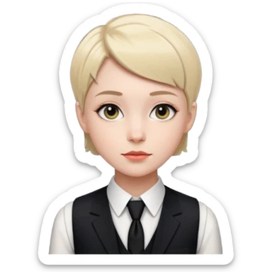pale girl who has very short hair, formal wear with black tie and a vest sticker