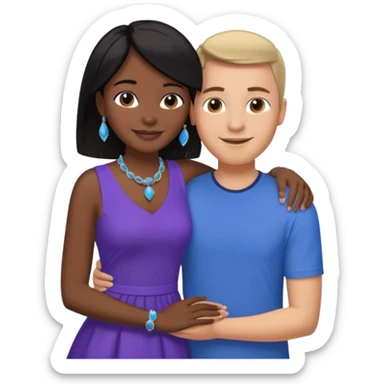 smiling embracing interracial couple. man is tan and has short brown straight hair he is wearing blue. woman has very dark black skin and long dark black hair. she is wearing purple and has matching blue jewelry on sticker