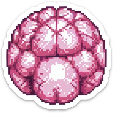 16-bit pixel art of a pink brain-shaped blob, smooth rounded brain texture, simple retro gaming style sticker