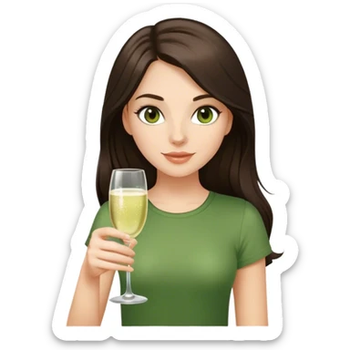 White girl with long dark brown hair and a green top and brown eyes with glass of champagne  sticker
