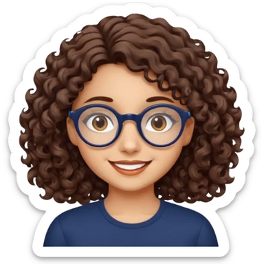 medium fair-skinned girl with brownish hazel eyes, roundish ovalish dark navy glasses, wavy curly choco brown hair, smiling sticker