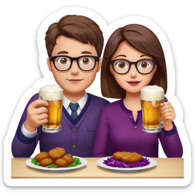 German man with glasses and brown hair and woman with glasses and brown hair eating schnitzel, red cabbage, potatoes, and drinking a beer sticker