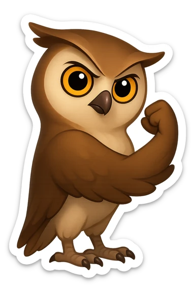 В стилистике эмоджи сгенерируй сову, она в позе со знаменитого плаката We can do it крылом, уверенным лицом и позой показывает уверенность в своих силах, прозрачный фон sticker