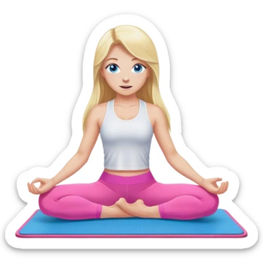 A cinematically realistic blonde with long hair and blue eyes, dressed in a white top and pink leggings, performs a sports exercise on a mat sticker