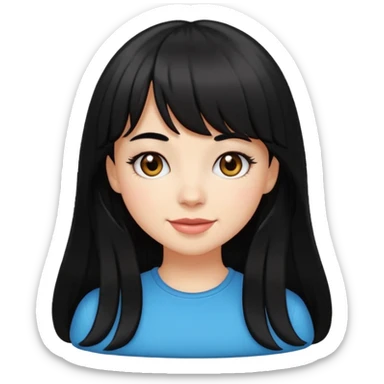 pretty white girl with long black hair and thick bangs, very dark brown eyes, cheerful and cute, emoji style sticker