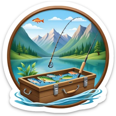 Icon for Fishing Travel: a boat on a calm lake surrounded by mountains and lush greenery, with fish jumping out of the water, a fishing rod, tackle box. The icon should capture the peaceful and adventurous nature of fishing trips. Transparent background. sticker