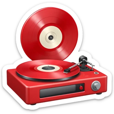 Generate a high-quality 3D cartoon-style emoji of a red LP record placed inside a white LP turntable, realistic shading, smooth gradient colors, rounded and cute appearance, simple white background, high-resolution. sticker