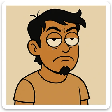 Make the tan skinned guy with black hair look more annoyed while rolling his eyes, and add a small goatee beard. Keep the style and background the same as the original image. sticker