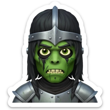 A black male with long black rough hair wearing a knight helmet with green zombie skin  sticker