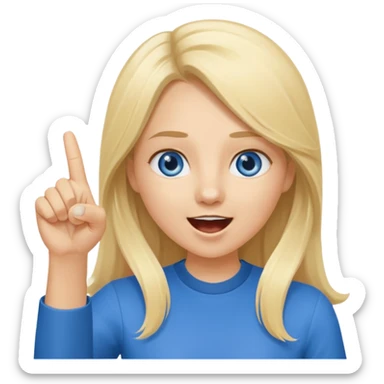 blue eyes blonde girl yelling into megaphone and holding up 1 finger in the other hand smiling long hair sticker