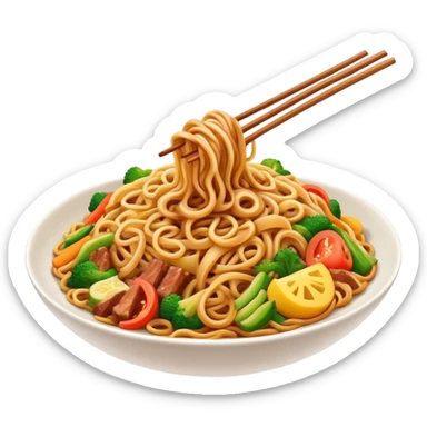 Cinematic Realistic Mie Goreng Dish Emoji, featuring stir‚Äêfried noodles with vegetables and meat rendered with dynamic textures and warm, appetizing lighting. sticker