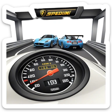 An icon showing a racing game interface, inspired by Grand Turismo. The design features a garage with a selection of high-performance cars, along with race track visuals in the background. Speedometer, lap timer, and other HUD elements add to the excitement. Transparent background sticker