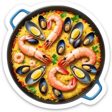 seafood paella in a pan with shrimp, mussels, rice, and saffron sticker