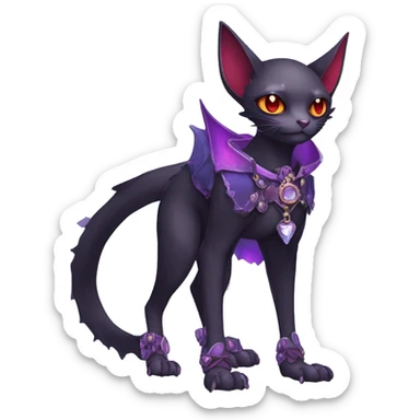 cool kawaii edgy black purple red ethereal fantasy beautiful elegant nargacuga-bat-cat-Fakemon wearing legs spats a collar harness with jewelries full body sticker