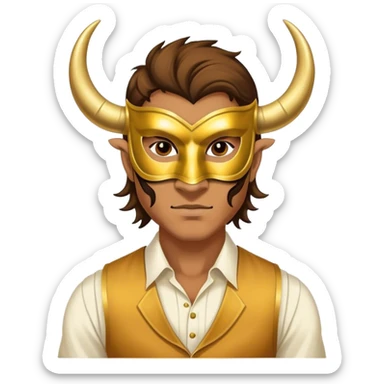 a man, with a vest,  wear half-face golden Buffalo masquerade mask sticker