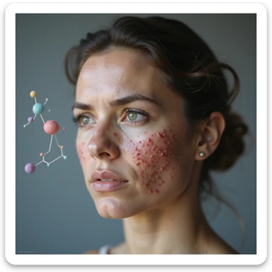 hyperrealistic 4K image of a woman with hormonal imbalance, face with acne, with a stylized illustration of estrogen and progesterone molecules in the background, serious expression sticker
