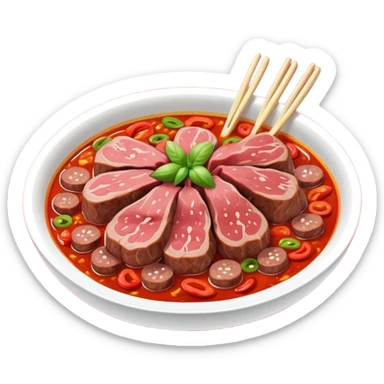 Fuqi Feipian sliced beef and offal in chili oil, simplified emoji style with bold outlines and bright colors, cartoon style Husband and Wife Lung Slices appetizer sticker