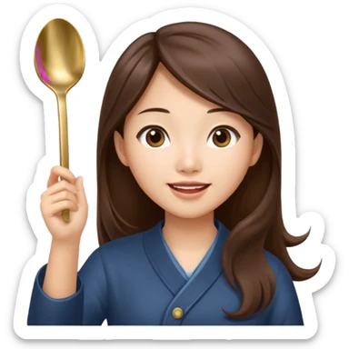 An Asian woman with long brown hair waving and greeting with a spoon in her hand sticker