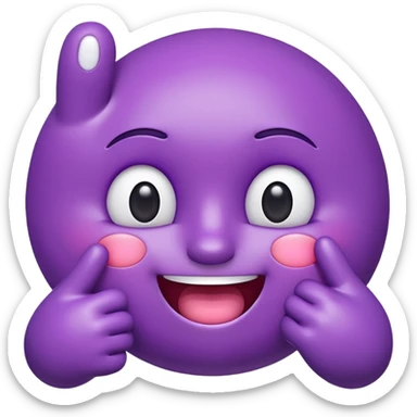 "A glossy 3D purple emoji character with shiny, reflective surface, puffed cheeks as if holding in laughter, eyes squinting mischievously, white cartoon hands — one covering its mouth and the other pointing upward with the index finger. Cute, exaggerated facial expression, smooth rounded shape,  sticker