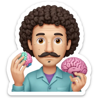 Enhance the claymation man holding a brain by adding more depth and dimension to the image. Make him more attractive and quirky, inspired by the first version, with dark curly hair, thick mustache, light skin, freckles, more movement, claymation style, visible fingerprints, and pastel colors. sticker