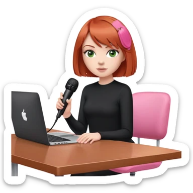 Cool Redhead Bob with fringe with green eyes sat at desk with pink MacBook and  podcast microphone black top and pink chair  sticker