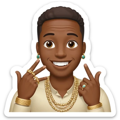 Giggling black man with jewelry covering his mouth with his right hand with one thumb and four fingers only sticker
