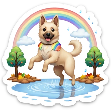 Beautiful White belgian Shepard jumping Cheerful  over Rain puddles. There is a rainbow in the sky and trees with Brown leafs in the background sticker