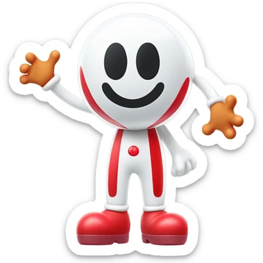 Very shiny full body character with pill capsule head with puffy body and welcoming waving Mickey Mouse arms braun Japanese inspired Anpanman with big boots and antennae red and white colors only sticker