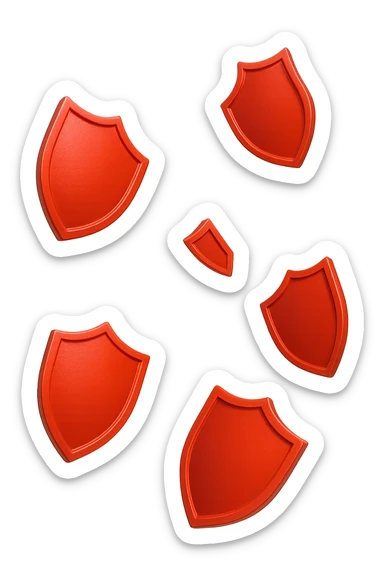 6 scudi 3d rossi che simboleggiano "difesa e protezione", cadono dall'alto casualmente, realistici in 3d, iperrealistico 4k sticker