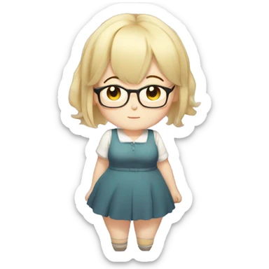 Chubby anime girl with glasses and short blond hair, full body wearing cute dress sticker
